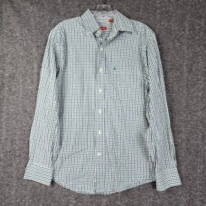 IZOD Button Down‎ Shirt Mens Small Green Navy Blue Gingham Check Long Slv Cotton